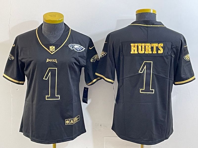 Women Philadelphia Eagles #1 Hurts Black gold 2025 Nike Vapor Limited NFL Jersey style 3